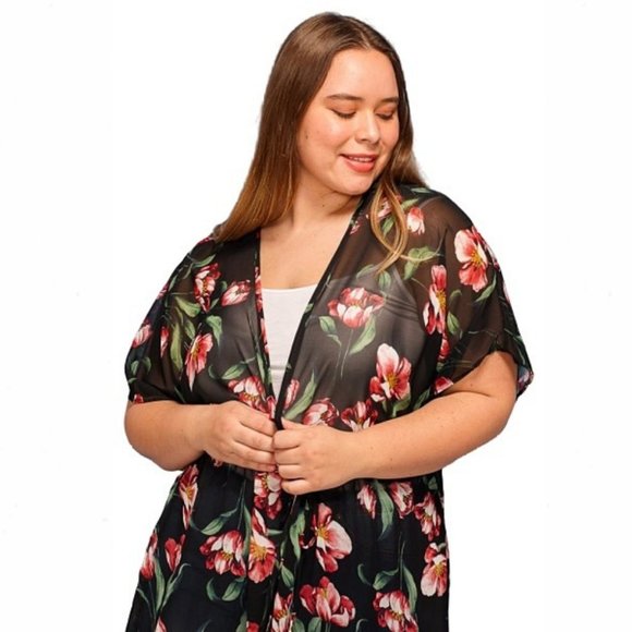 Janette Plus Other - Plus Size Sheer Floral Beach Swim Kimono Cover-Up